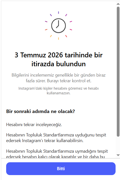 Instagram hesap kapatma bildirimi